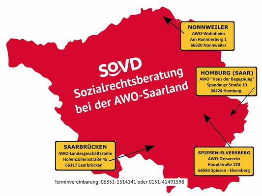 Landkarte Saarland mit Beratungsstellen