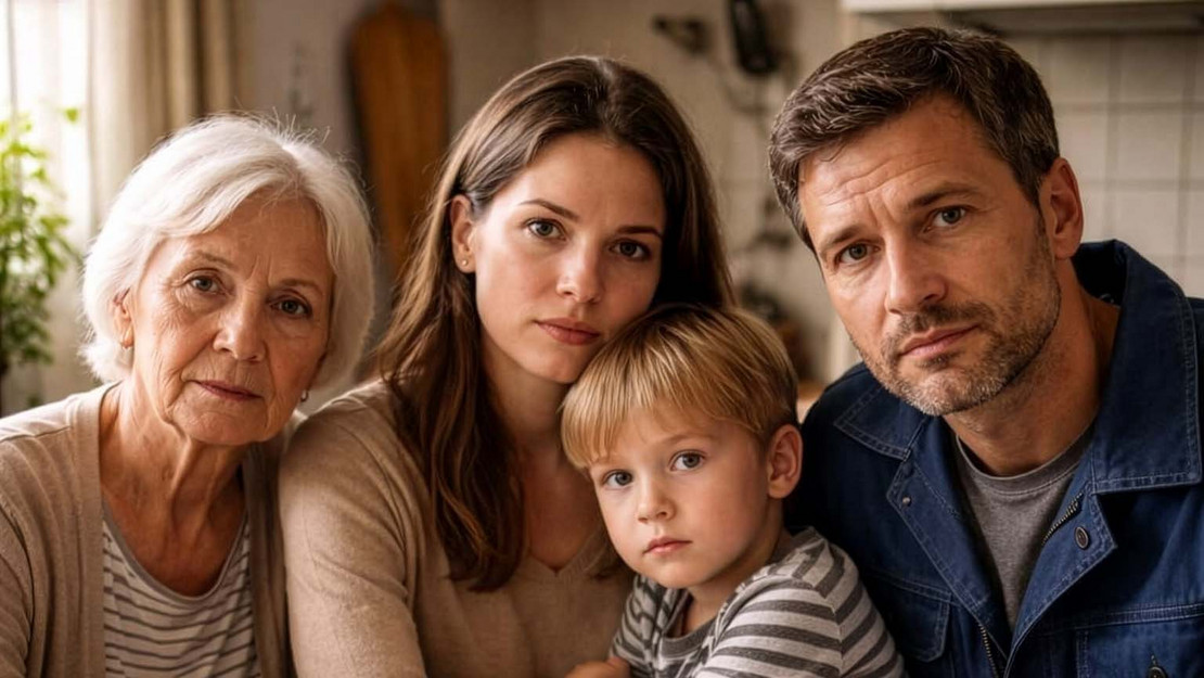 Eltern, ein Kind und Großmutter sitzen in der Küche und blicken besorgt in die Kamera. 