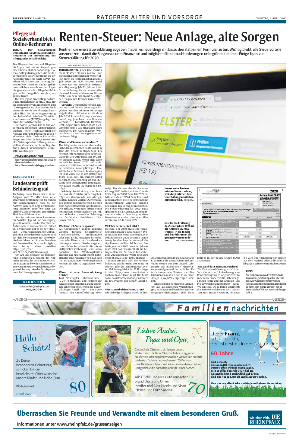 Artikel über den SoVD-Pflegegradrechner in Die Rheinpfalz vom 6.April 2021